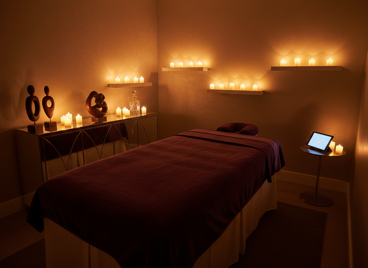 A cozy, dimly lit private suite set up for an intimate massage experience: a low, wide massage table draped in deep plum linens with a velvety sheen, surrounded by clusters of flickering LED candles arranged on floating shelves and a mirrored sideboard. Discreet decorative objects—abstract sculptures and a crystal decanter—add a sense of playful luxury. A small tablet stand on a side table glows softly, implying quick booking or inquiry without showing text. Warm, amber-toned accent lighting washes the walls, creating soft gradients and sensual shadows. Photographic realism, shot from a slightly elevated corner angle, with a shallow depth of field pulling the eye toward the inviting table and ambient glow.