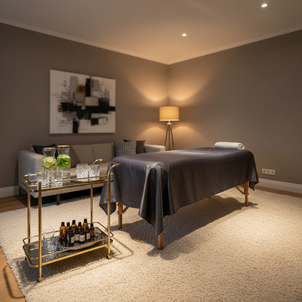 A stylish home interior transformed into a pop-up private massage lounge: a contemporary living room with muted taupe walls and a plush area rug, where a portable massage table has been set up diagonally, wrapped in satin-finish charcoal sheets. Beside it, a chic bar cart holds crystal glasses, carafes of infused water, and a neatly arranged selection of massage oils. Soft overhead recessed lighting combines with the warm glow of a modern floor lamp, creating pools of light and gentle shadows. Photographic realism, shot from an eye-level angle with the table on the rule of thirds and the background slightly blurred. The scene feels playful, indulgent, and discreet, emphasizing in-home luxury entertainment and relaxation.