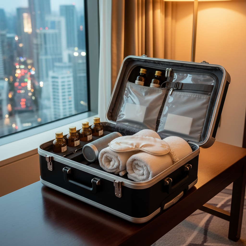 A sleek, modern travel suitcase partially unzipped to reveal an impeccably organized mobile massage kit: neatly aligned amber oil bottles with golden caps, folded ivory towels, a compact Bluetooth speaker, and a silky eye mask. The suitcase rests on a polished hotel room bench beside a large window showing a softly blurred cityscape hinting at the current location. Warm, diffused evening lighting from a floor lamp creates gentle highlights on metal zippers and smooth fabric textures. Photographic realism, shot from a three-quarter overhead angle with balanced composition. The atmosphere is playful yet professional, emphasizing a traveling private luxury massage and entertainment service that can be quickly unpacked and set up anywhere.