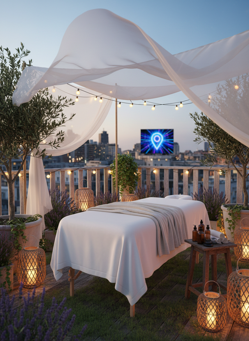 An intimate, evening rooftop terrace scene staged for a traveling private massage experience: a portable massage table draped in crisp white linens stands beneath a sheer canopy, its fabric gently lifted by a barely visible breeze. Small battery-powered lanterns and string lights cast a warm, twinkling glow across potted greenery and a low side table holding oils and accessories. In the distance, a softly blurred digital billboard-style screen shows an abstract location marker icon, hinting at a current city without readable text. Photographic realism, captured at golden-to-blue hour transition with a wide-angle lens emphasizing depth. The mood is dreamy, exclusive, and playfully romantic, perfect for showcasing destination-based luxury entertainment services.