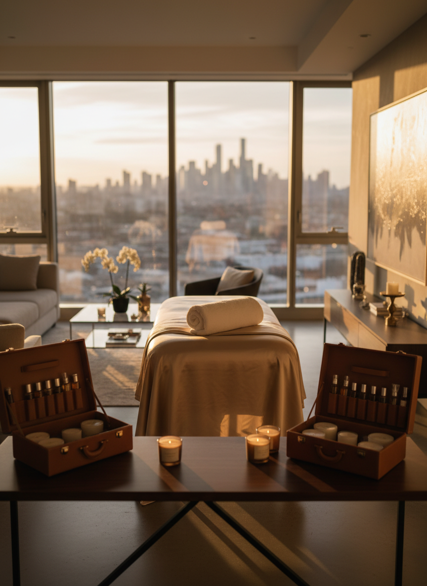 A luxurious massage table covered in plush, champagne-colored linens and a thick, cloud-soft towel roll, positioned in the center of a private penthouse living room. Discreet travel cases with neatly arranged massage oils and aromatic candles sit open on a low, dark wood console. Warm golden hour city light pours in through floor-to-ceiling windows, reflecting softly off glass surfaces and casting long, elegant shadows. Photographic realism, shot at eye level with a shallow depth of field so the table is crisp while the skyline melts into a playful bokeh glow. The mood is indulgent, intimate, and inviting, suggesting a private luxury entertainment experience brought directly to the client’s location.