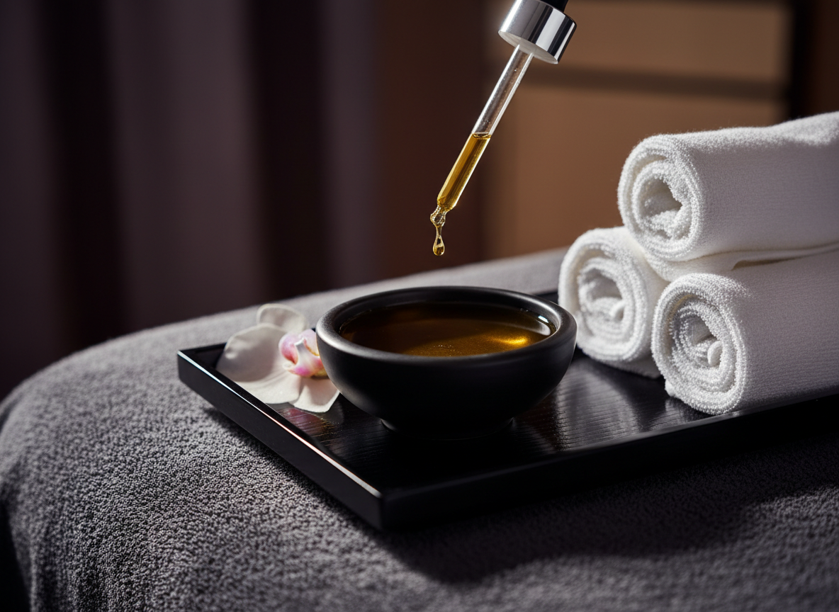 A close-up, cinematic shot of elegant massage essentials arranged on a glossy black lacquer tray: a smooth, dark stone bowl filled with warm oil, a slender glass dropper catching a tiny golden droplet mid-air, perfectly rolled white cotton towels, and a single orchid petal resting on the edge. The tray sits on the corner of a massage table covered in rich, textured fabric. Soft, directional side lighting creates dramatic highlights on the glass and reflective surfaces, with a velvety dark background fading into blur. Photographic realism with a macro-style shallow depth of field. The mood is playful, sensual, and upscale, ideal for a hero detail shot conveying private luxury entertainment through tactile textures and shimmering light.