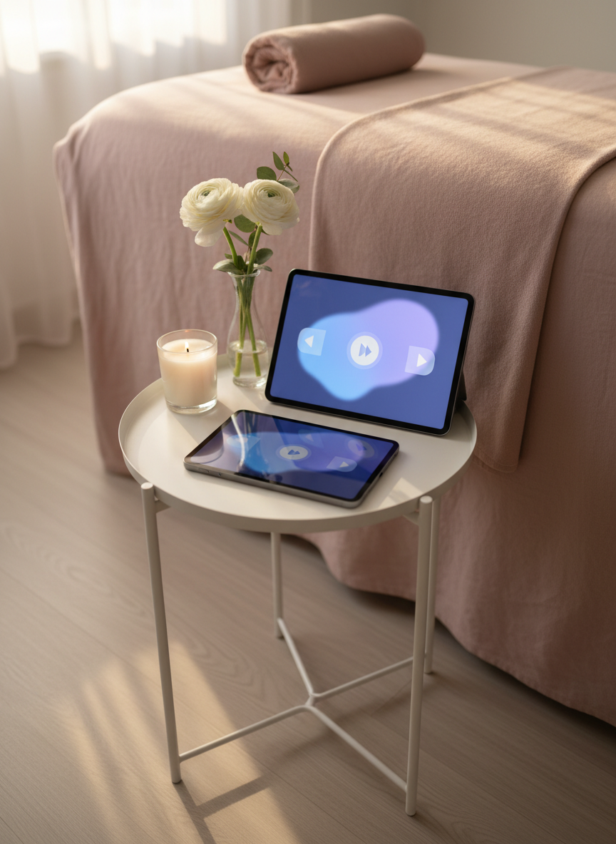 A minimalist booking and inquiry vignette showing a slim, bezel-less tablet and smartphone resting on a small round side table next to a massage setup. The screens display abstract glowing shapes and icons suggesting a location pin and quick booking options, carefully blurred to avoid readable text. The table stands beside a massage bed draped in soft blush linens, with a single candle and tiny vase of flowers adding charm. Natural late-afternoon window light streams in, creating gentle reflections on the device screens and subtle shadows on the floor. Photographic realism, captured from a slightly elevated angle with shallow depth of field, focusing on the devices while the massage area remains invitingly out of focus. The mood is modern, efficient, and playfully luxe.