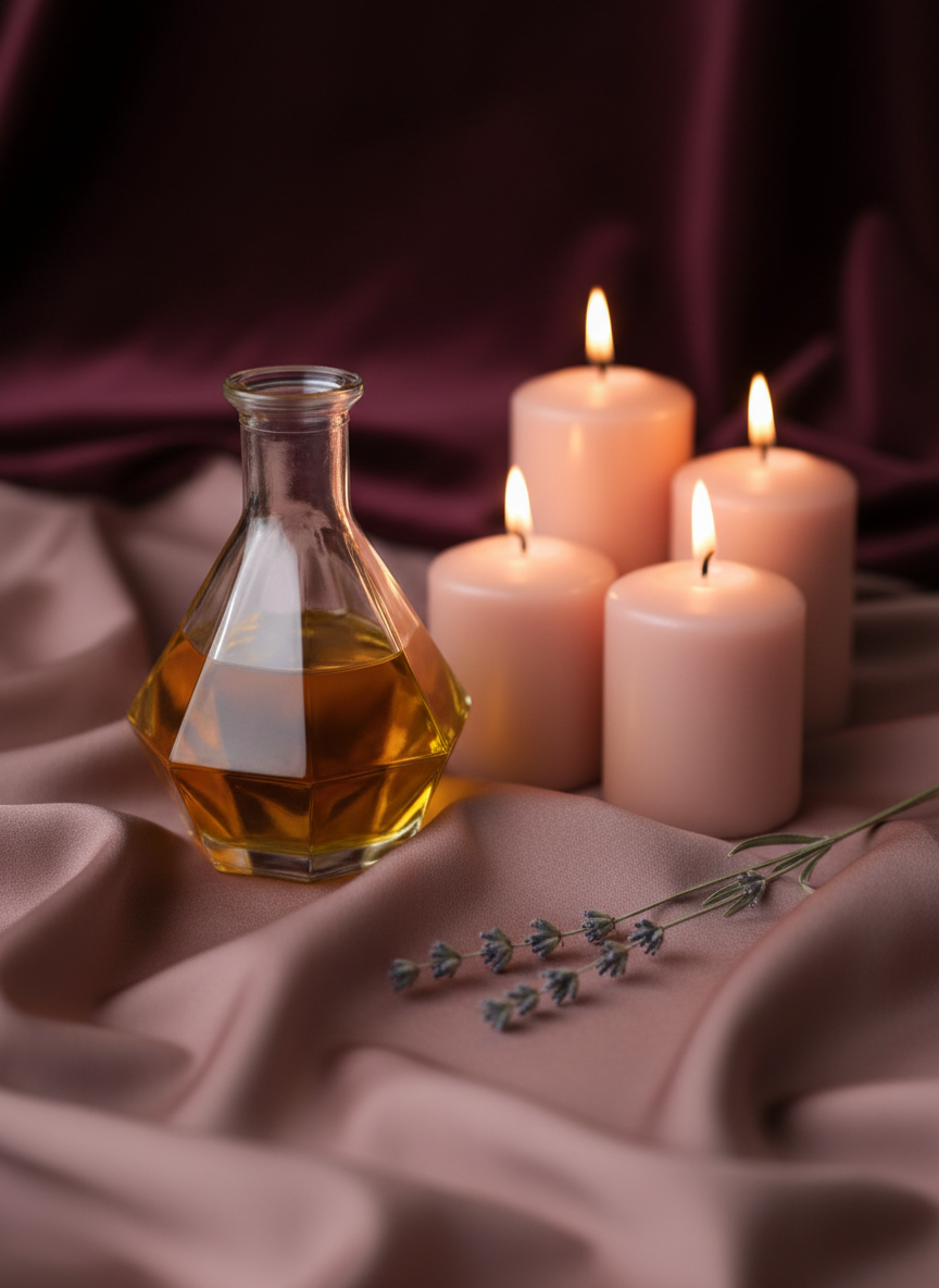 Close-up of luxurious spa ritual details in dusty rose and deep wine tones — amber massage oil in an elegant glass bottle, softly lit, warm candle glow, silk fabric folds.