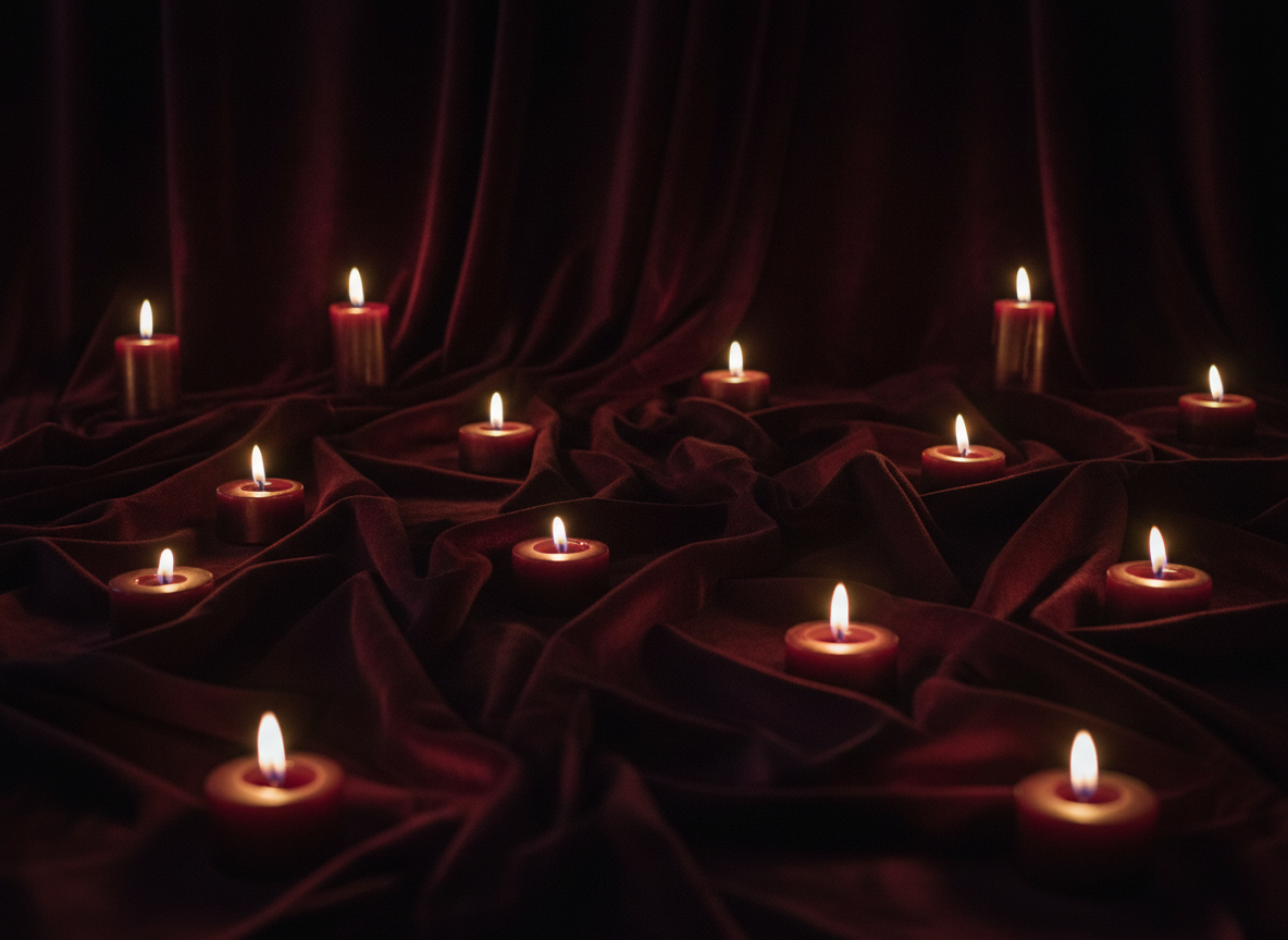 Dark burgundy velvet drapery lit by candlelight